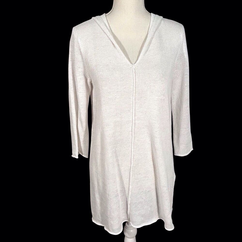 Eileen Fisher Organic Linen Hoodie Womens XS White Coastal Resort Minimal Knit